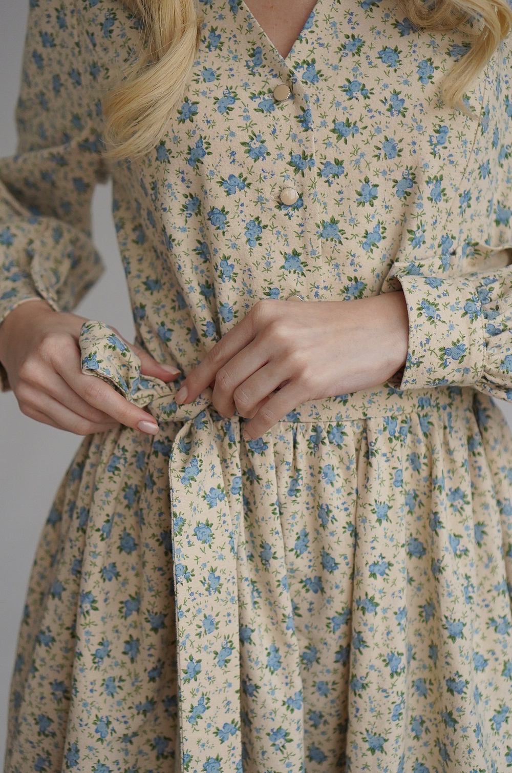 Платье Ева из фланели, Кремовый с голубыми цветами