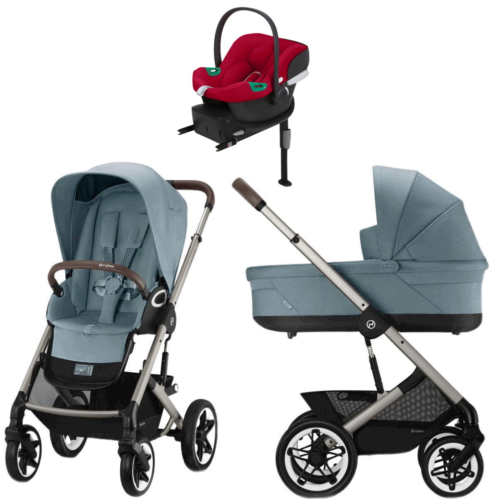Коляска Cybex Talos S Lux TPE complete Aton B2 Dynamic Red Base One 4 в 1 Stormy Blue с дождевиками