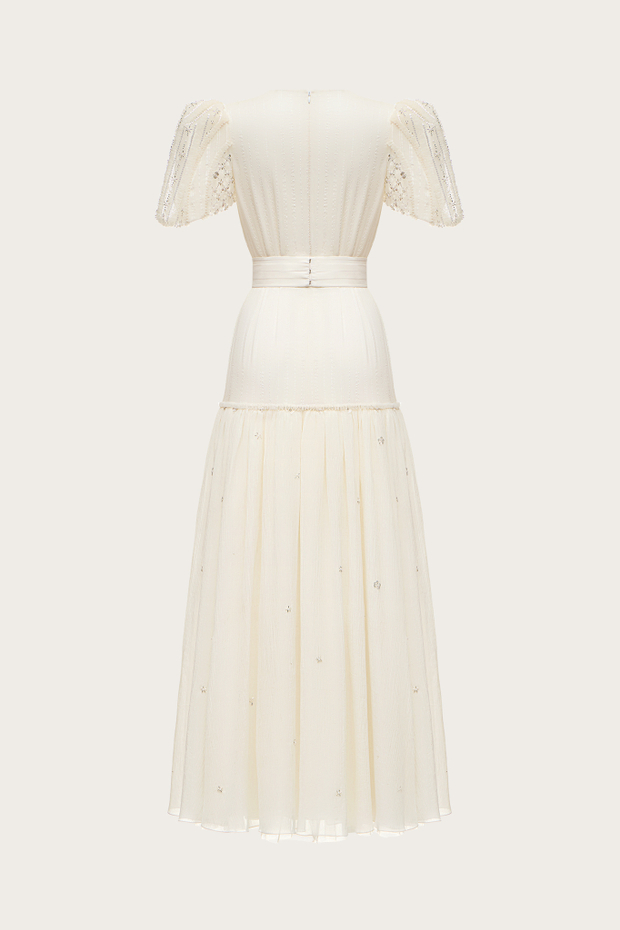 ПЛАТЬЕ ИЗ МОЛОЧНОГО ШИФОНА И КРУЖЕВА С ВЫШИВКОЙ БИСЕРОМ