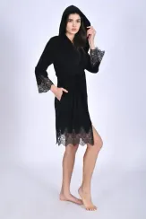 Халат женский велюровый с кружевом 0483 черный NUSA Турция
