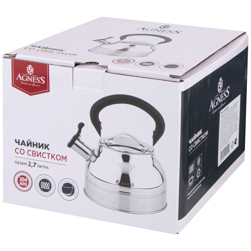 ЧАЙНИК AGNESS СО СВИСТКОМ 2,7Л, ТЕРМОАККУМУЛИРУЮЩЕЕ ДНО, 304 СТАЛЬ, ИНДУКЦИЯ