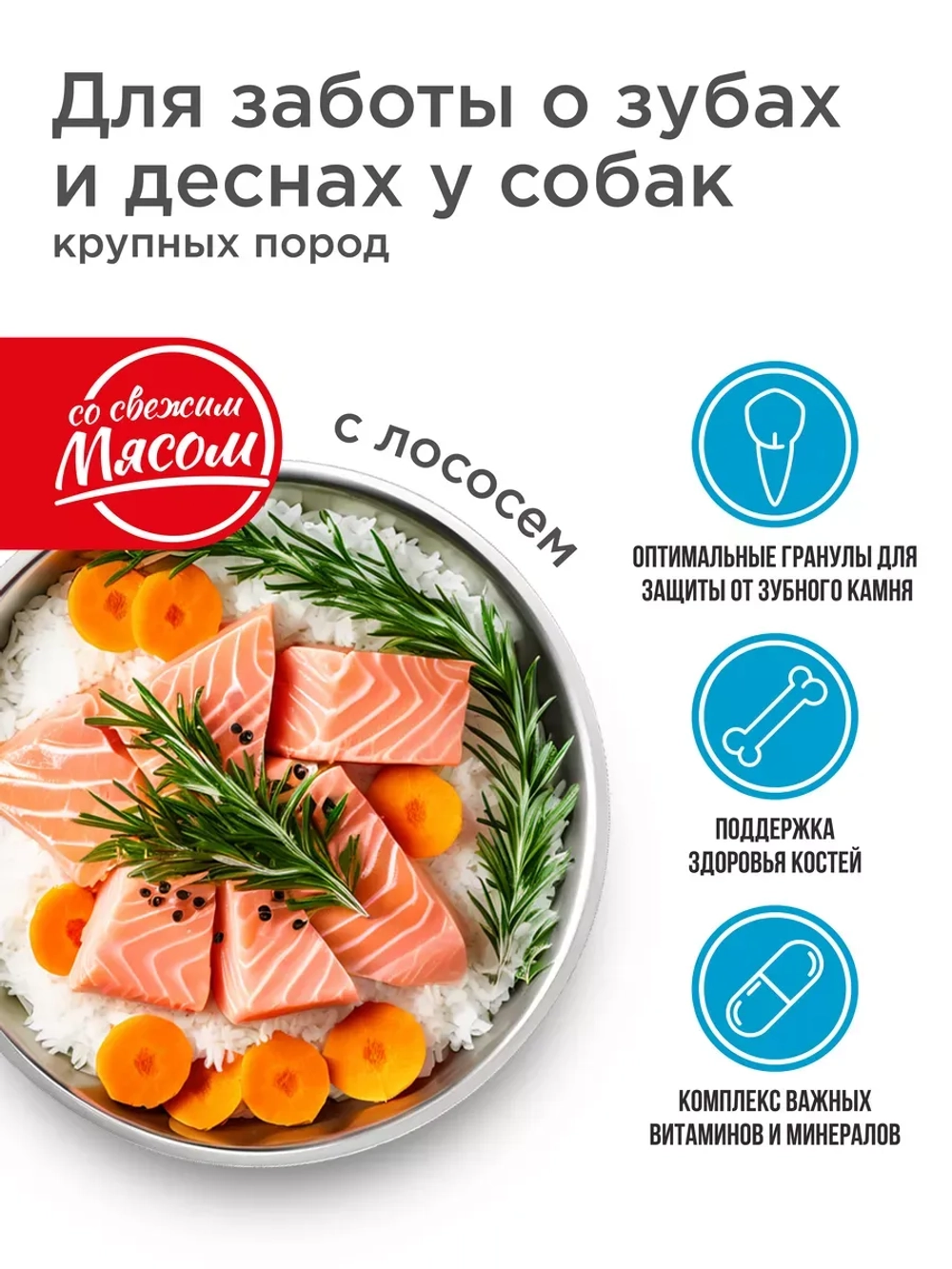 Корм для собак крупных пород, с лососем, 2,5 кг, для зубов