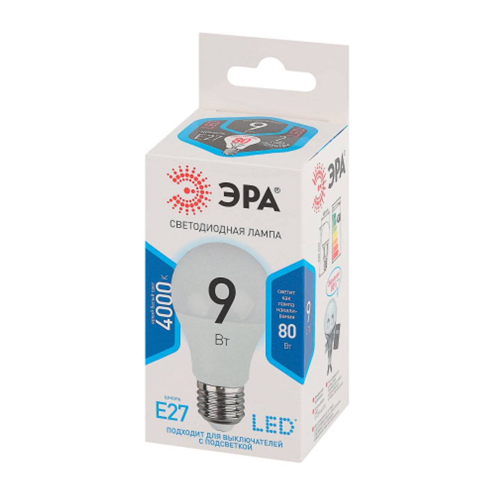 Лампа светодиодная ЭРА STD LED A60-9W-840-E27 9Вт груша нейтральный белый свет Е27 | Лампы cветодиодные Груша (A)