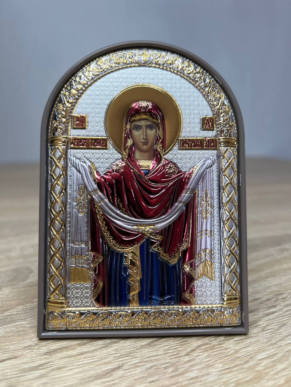 Покрова, икона арочная, пластик коричневый, эмаль 80х115