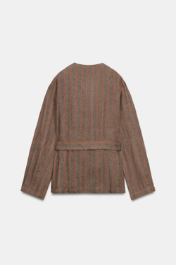 ZARA БЛЕЙЗЕР ИЗ 100% ЛЬНА В ПОЛОСКУ, КОРИЧНЕВЫЙ