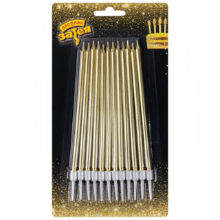 Веселая затея Свечи для торта Золото с подставкой 13см/12шт