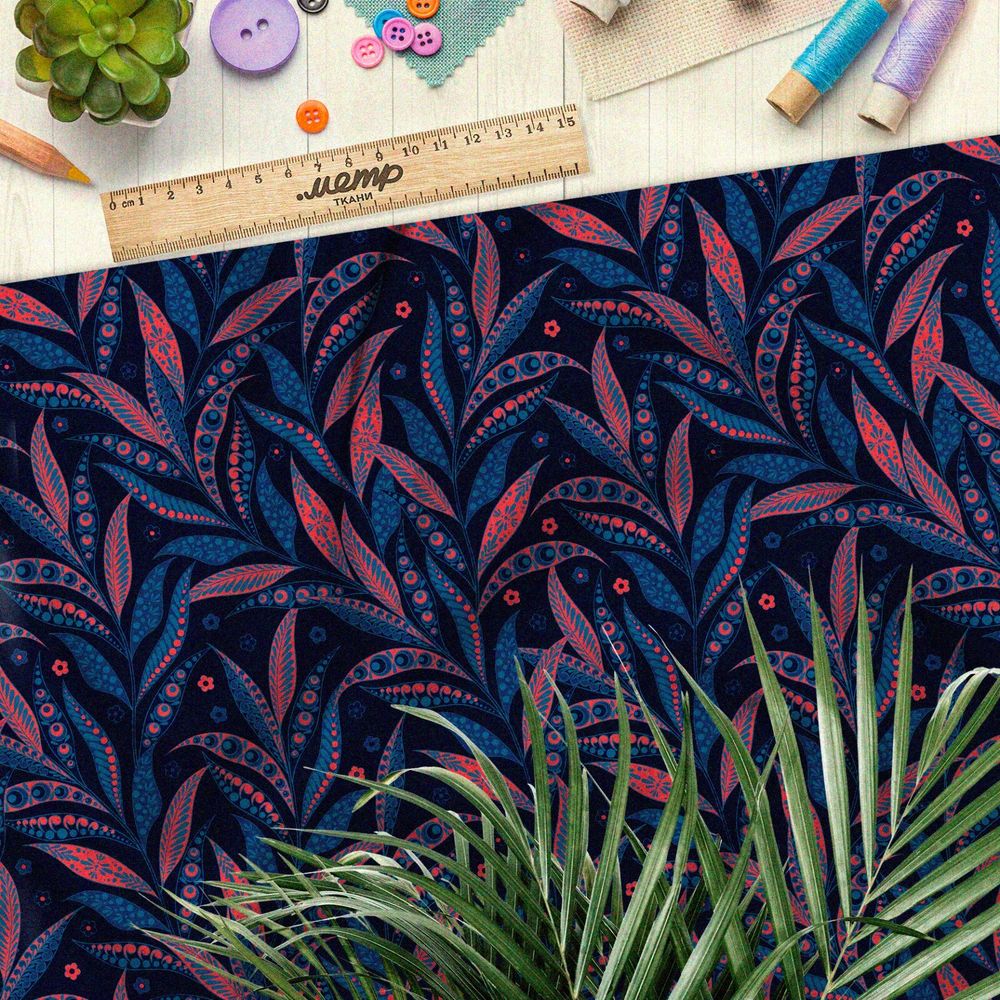 Ткань оксфорд 600 затемнённые красно-синие листья