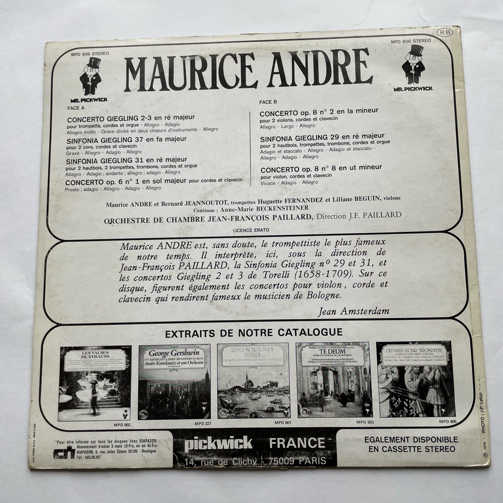 Винтажная виниловая пластинка LP Maurice Andre Giuseppe Torelli Oeuvres pour Trompette and Violon (Франция 1974)