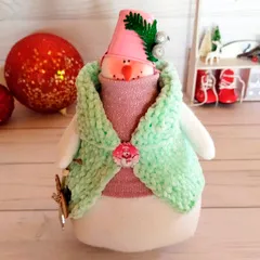 Игрушка интерьерная «Снеговик с розовым ведром» ручной работы / 23 см