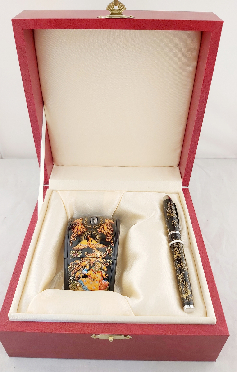 Набор мышь компьютерная "Жар-птица" и ручка-роллер с росписью Палех