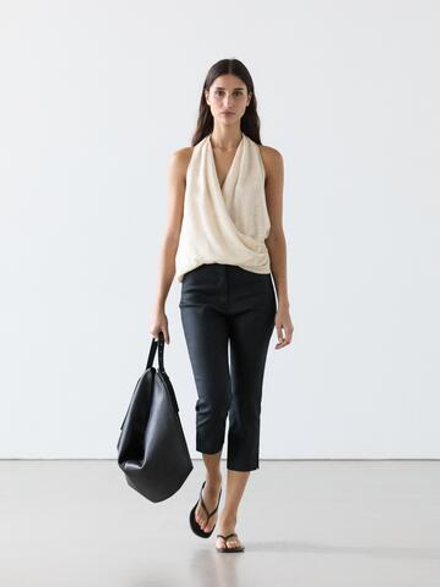 Massimo Dutti Топ с запахом и драпировкой, бежевый