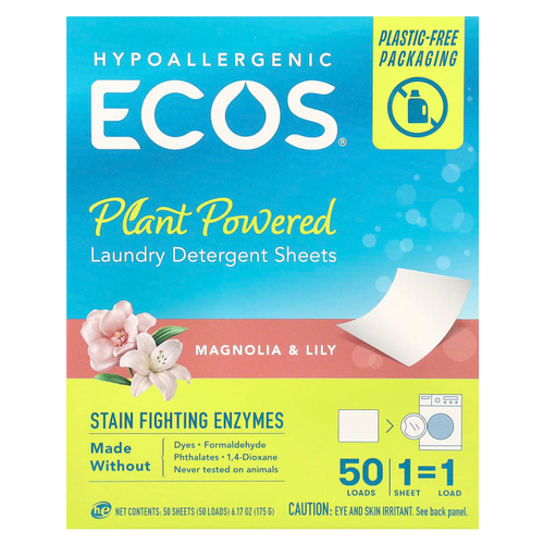 Earth Friendly Products, ECOS®, моющее средство для стирки на растительной основе, магнолия и лилия, 50 шт., 175 г (6,17 унции)