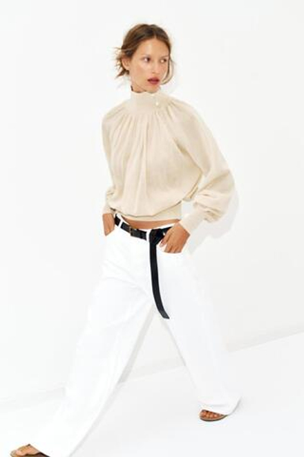 ZARA БЛУЗА СВОБОДНОГО КРОЯ ИЗ КОМБИНИРОВАННОГО ТРИКОТАЖА, ПЕСОЧНЫЙ