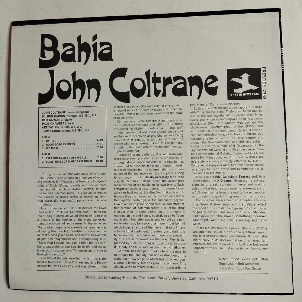 Винтажная виниловая пластинка LP John Coltrane Bahia (USA 1978)