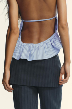ZARA ПОПЛИНОВЫЙ ТОП В ПОЛОСКУ С ГОРЛОВИНОЙ ХАЛТЕР, СИНИЙ