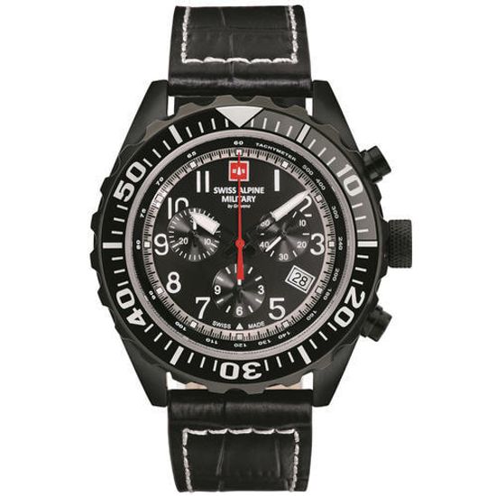 С ремешком Мужские наручные часы с черным кожаным ремешком Swiss Alpine Military 7076.9577 chrono 44mm 10ATM