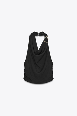 ZARA ТОП С ГОРЛОВИНОЙ ХАЛТЕР И ФУРНИТУРОЙ, ЧЕРНЫЙ