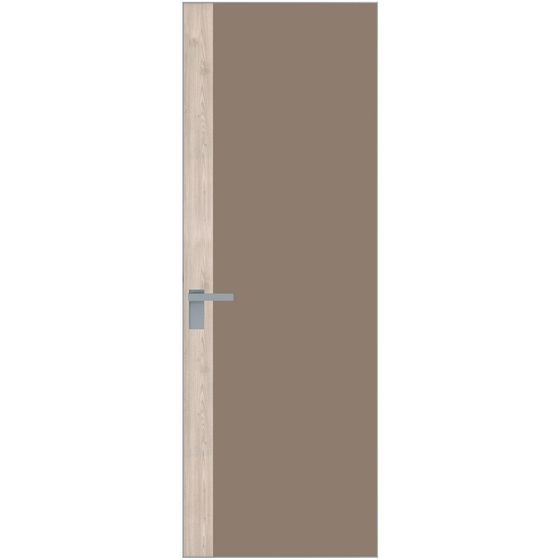 Алюминиевая дверь 6AGК кромка серебро стекло монохром капучино вставка дуб сонома