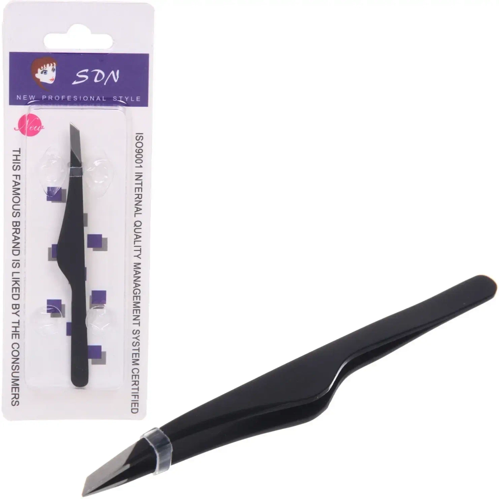 Пинцет для бровей из нержавеющей стали на блистере «Bon Kapriz», скошеный, цвет черный, 9,5см