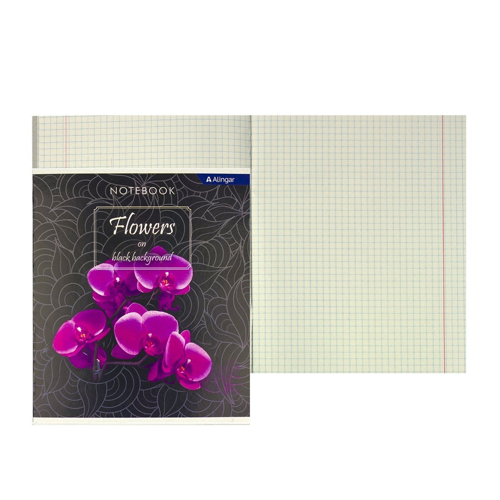 Тетрадь 36 л., А5, клетка, Alingar "Цветы ", скрепка, второй блок 60г/м2, мелованный картон (стандарт), 4 дизайна в пленке т/у