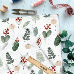 Ткань атлас маленькие акварельные брусника и листья