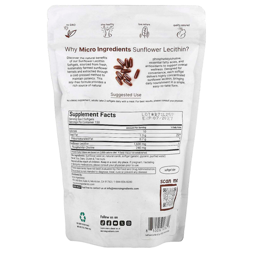 Micro Ingredients, подсолнечный лецитин, 300 капсул