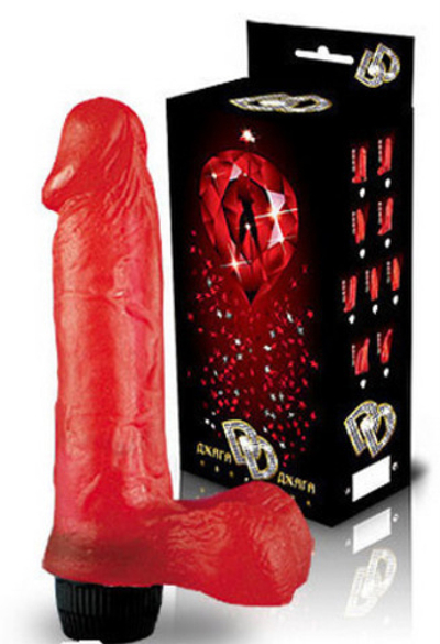 Красный гелевый вибратор-реалистик с мошонкой
