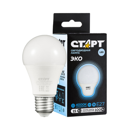 Лампа светодиодная LED Старт ECO Груша, E27, 15 Вт, 4000 K, холодный свет