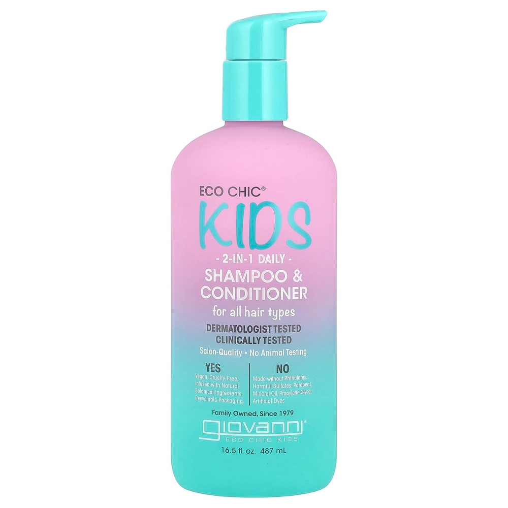 Giovanni, Eco Chic® Kids, ежедневный шампунь и кондиционер 2 в 1, для всех типов волос, 487 мл (16,5 жидк. унц.)