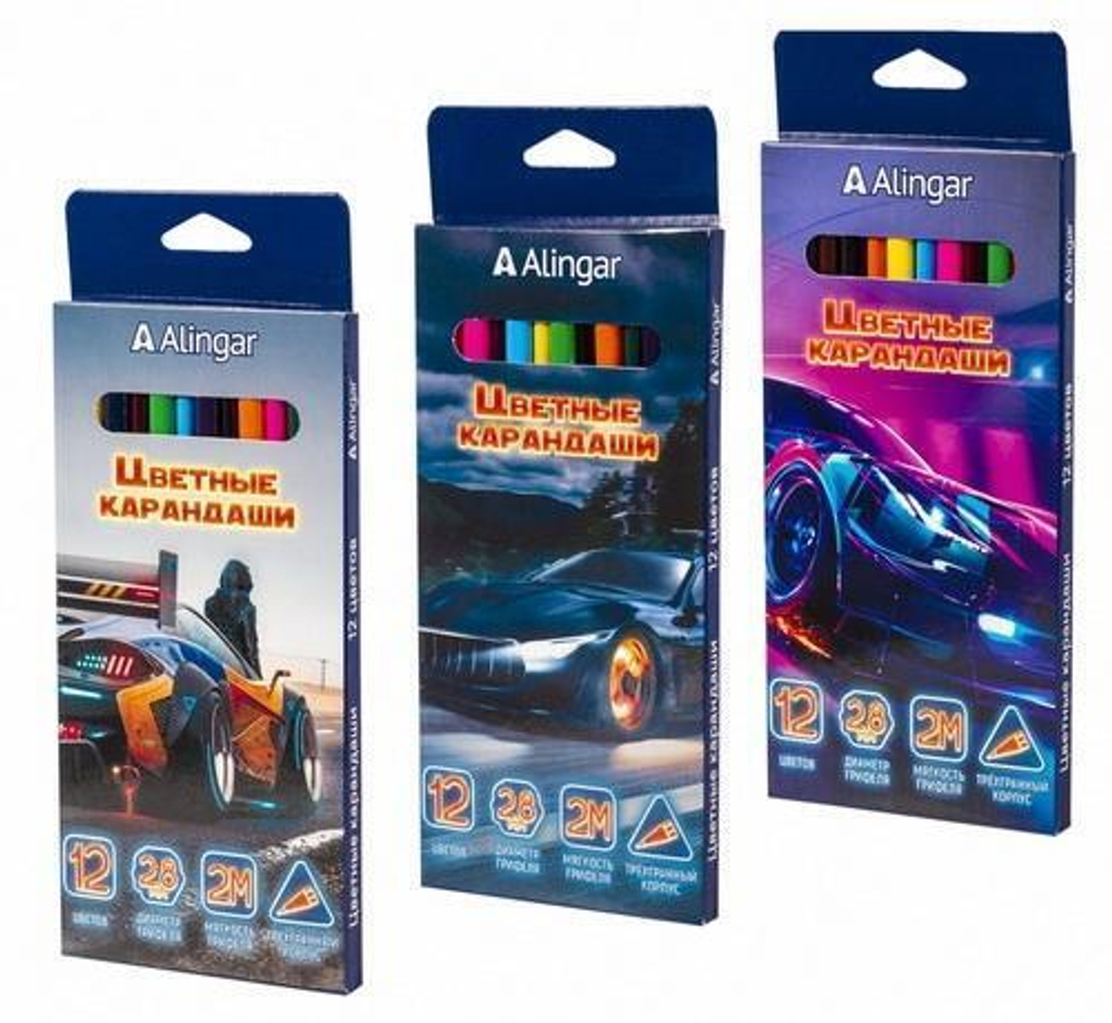 Карандаши 12цв. 2,8мм. дерево,трехгранные заточен. "Street racing" ( Alingar)