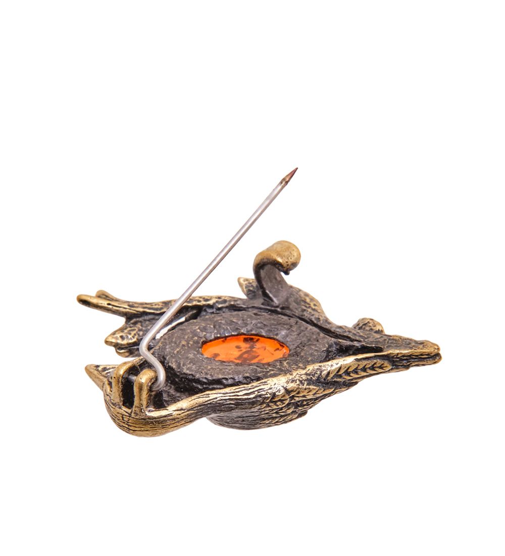 AM-3490 Брошь «Синица» (латунь, янтарь)