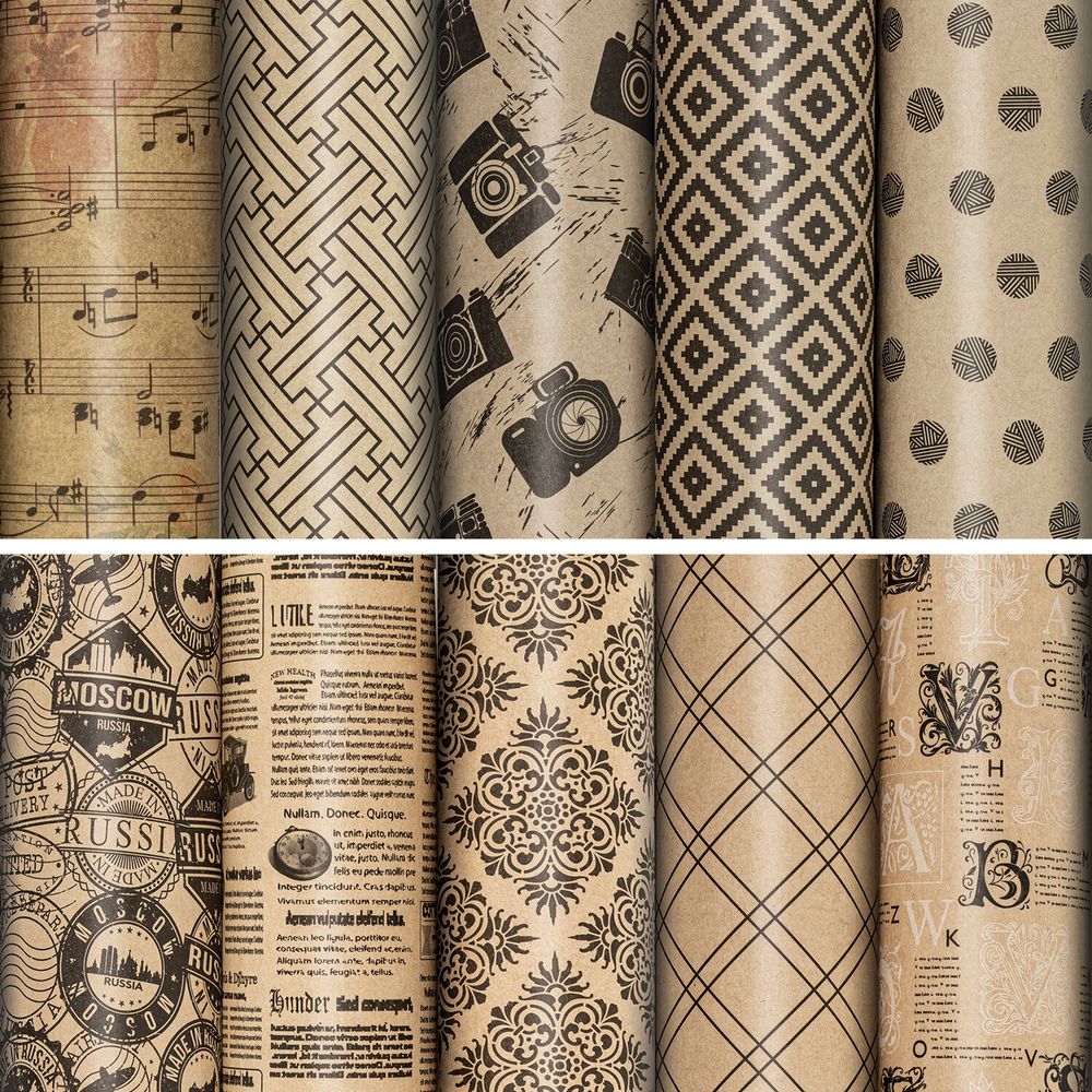 Бумага упаковочная "Kraft Unlimited", 70x100 см, 10 дизайнов ассорти, ЗОЛОТАЯ СКАЗКА, 591913, 1шт