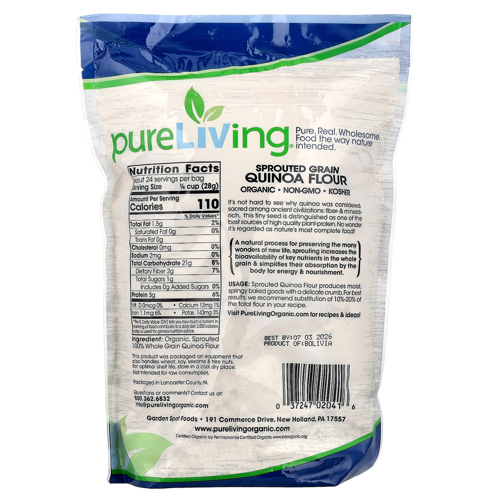 Pure Living, органическая мука из пророщенного зерна киноа, 680 г (24 унции)