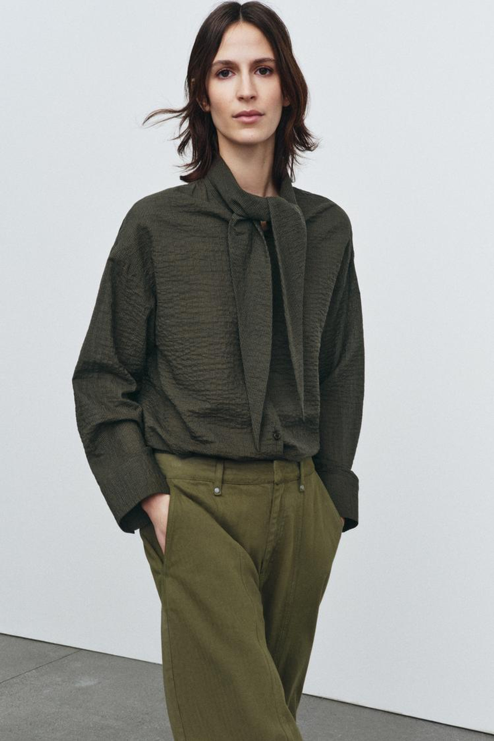 ZARA РУБАШКА В КЛЕТКУ С ПЛАТКОМ — ZW COLLECTION, ХАКИ