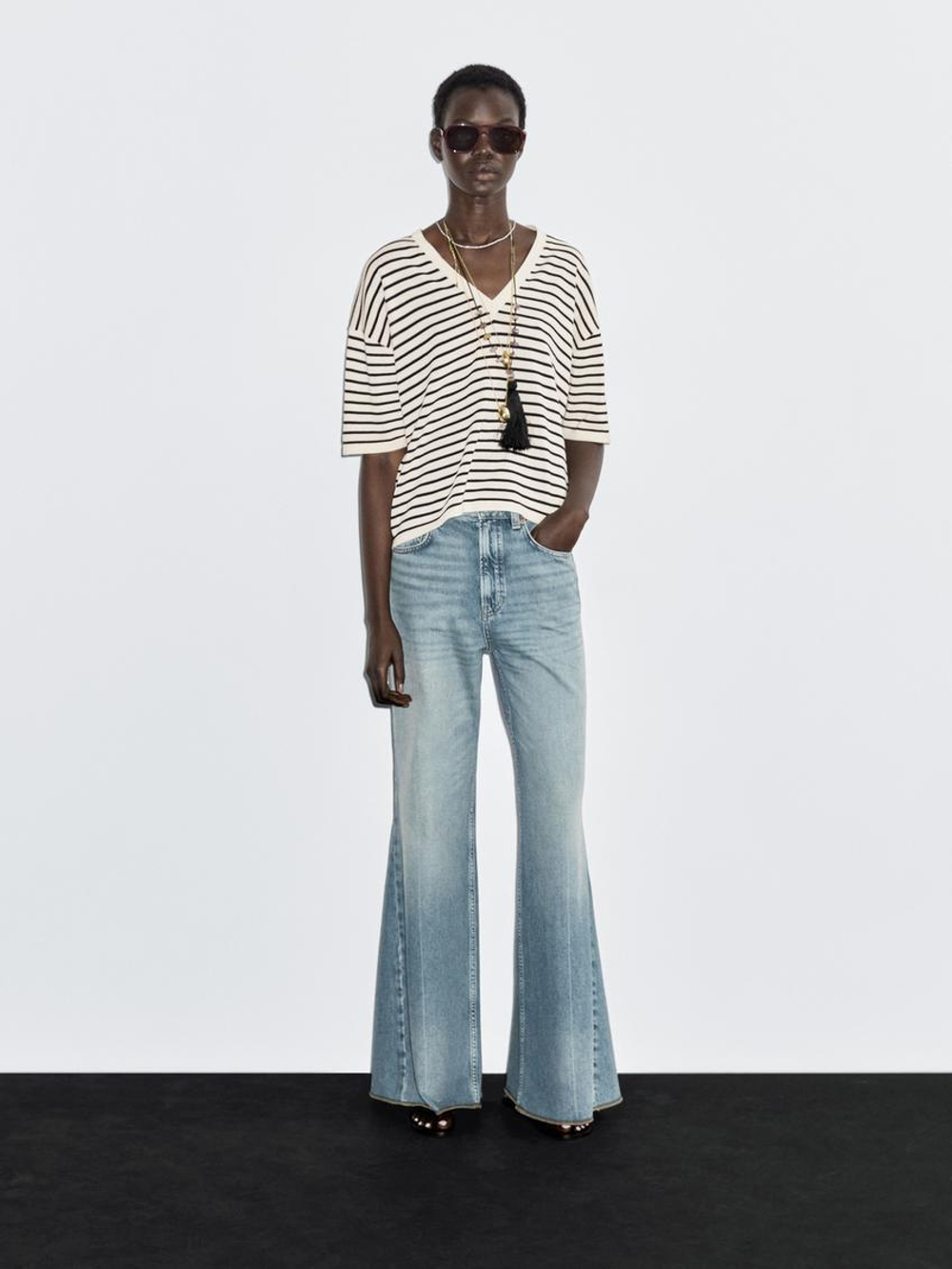 Massimo Dutti Свитер в полоску с V-образным вырезом, темно-синий