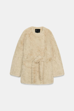 ZARA ШУБА ИЗ ИСКУССТВЕННОГО МЕХА С ПОЯСОМ — ZW COLLECTION, ЭКРЮ
