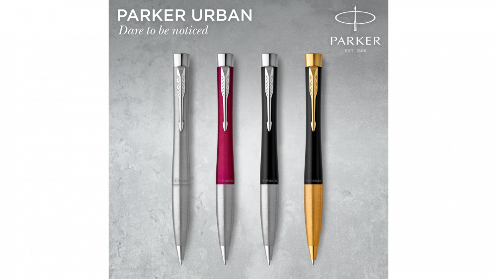 Шариковая ручка Parker Urban (матовый черный лак) Muted Black Chrome Trim, стержень: M, цвет чернил: blue/black, в подарочной упаковке.
