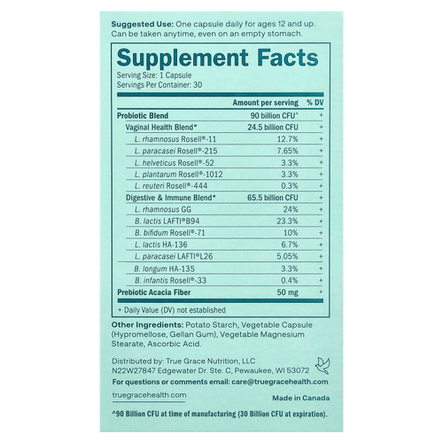 True Grace, One Daily Women's Probiotic, 30 вегетарианских капсул