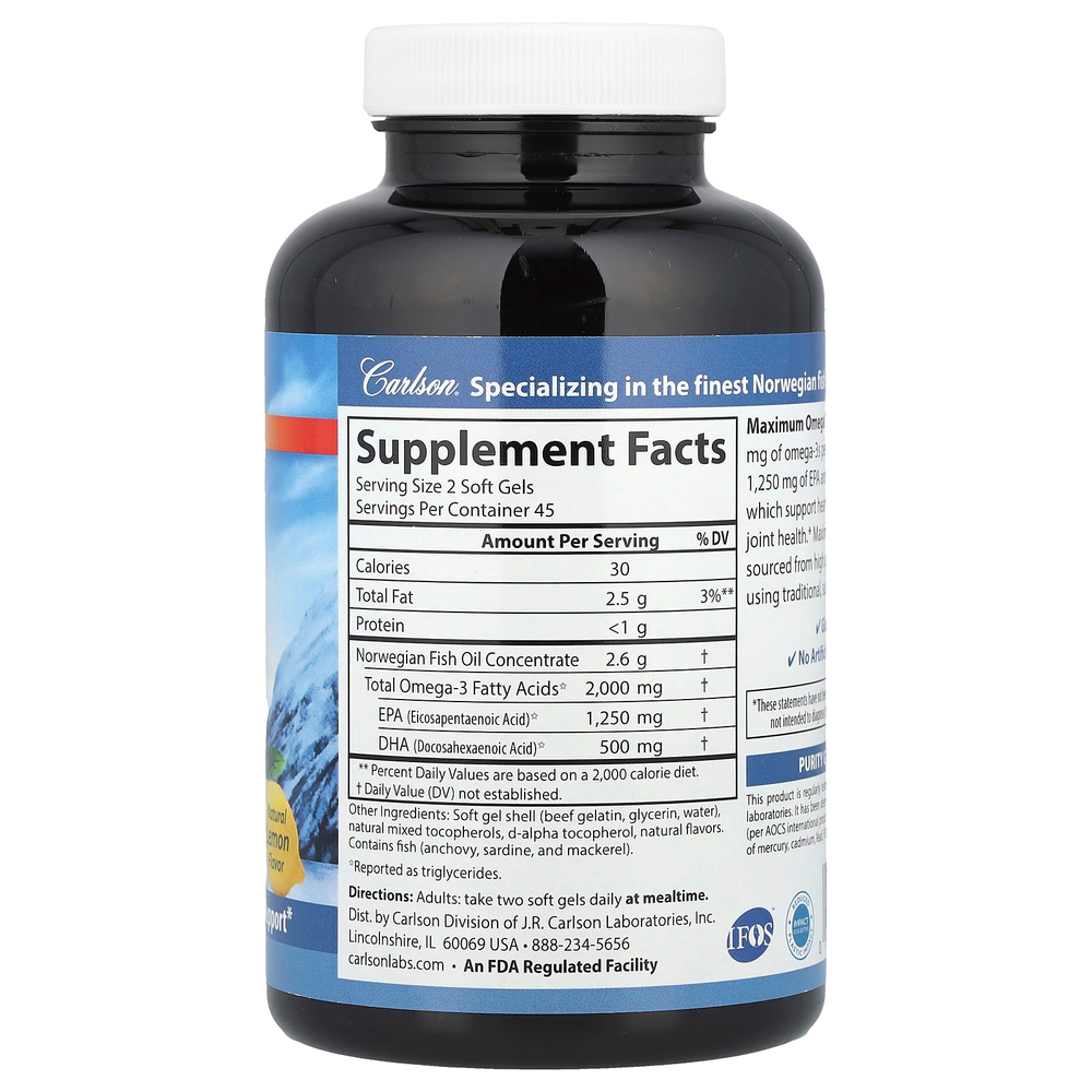 Carlson, Maximum Omega 2000, омега-3 кислоты из норвежской рыбы дикого улова, с натуральным лимонным вкусом, 2000 мг, 90 капсул (1000 мг в 1 капсуле)