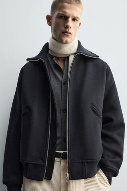 ZARA СТЕГАНАЯ КУРТКА С ВОРОТНИКОМ В РУБЧИК, МОРСКОЙ СИНИЙ