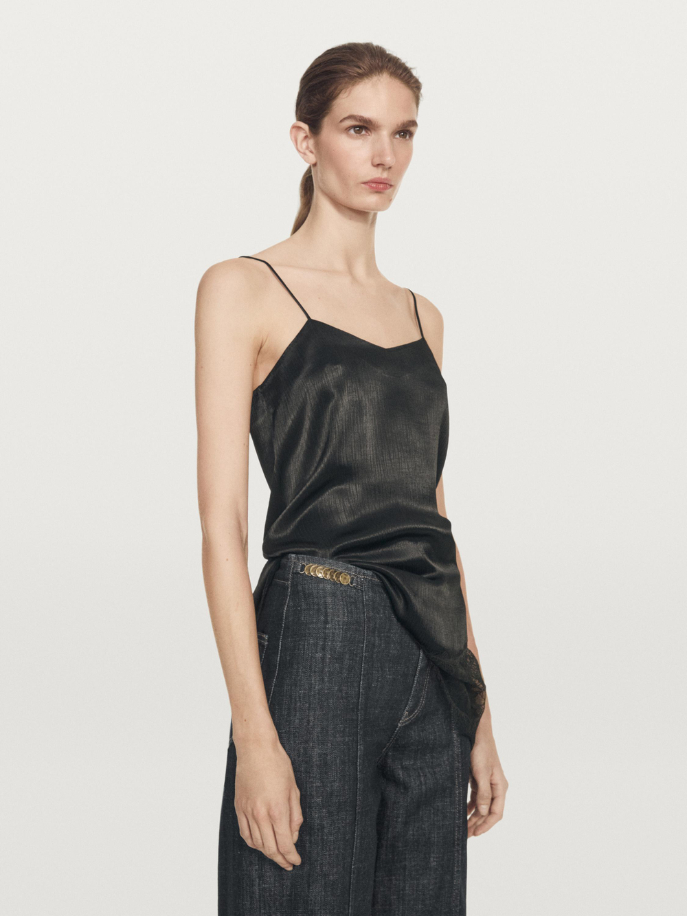 Massimo Dutti Джинсы с высокой талией и широкими штанинами с цепями, темно-синий