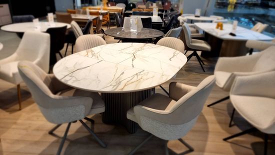 Стол АДАЖИО 115 КРУГЛЫЙ GILT WHITE, керамика / Латте каркас