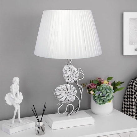Настольный светильник Monstera Deliciosa (Монстера) Айс Античное серебро с абажуром Шебби белый