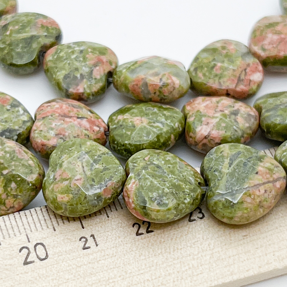 Унакит бусины, сердце с огранкой, размер около 15 мм, цена за 1 шт