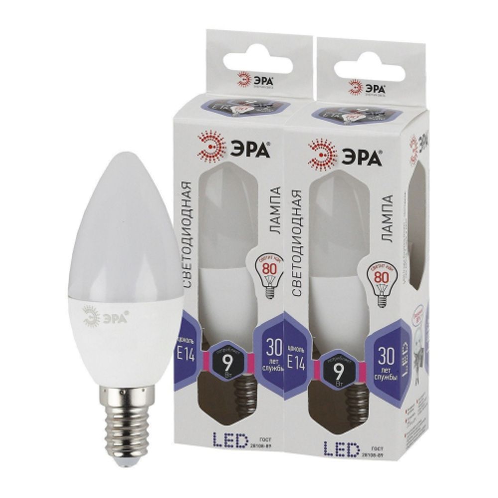 Лампа светодиодная ЭРА STD LED B35-9W-860-E14 9Вт свеча холодный дневной свет Е14 | Лампы cветодиодные Свеча (B/C)
