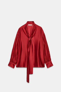 ZARA АТЛАСНАЯ РУБАШКА С ПЛАТКОМ — ZW COLLECTION, КРАСНЫЙ