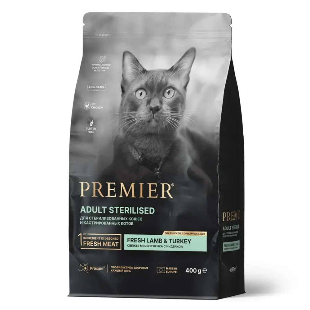 Premier cat lamb & turkey sterilised сухой корм для взрослых стерилизованных кошек, свежее мясо ягненка с индейкой - 400 г
