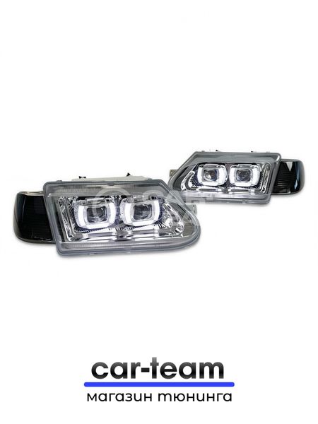 Фары ВАЗ 2113, 2114, 2115 передние с белыми галочками в стиле BMW ver 2.0 c Bi LED модулями, хром маска, тонированные поворотники