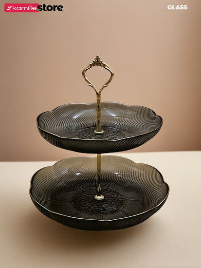 Блюдо-этажерка 2 яруса, стекло с золотой обводкой