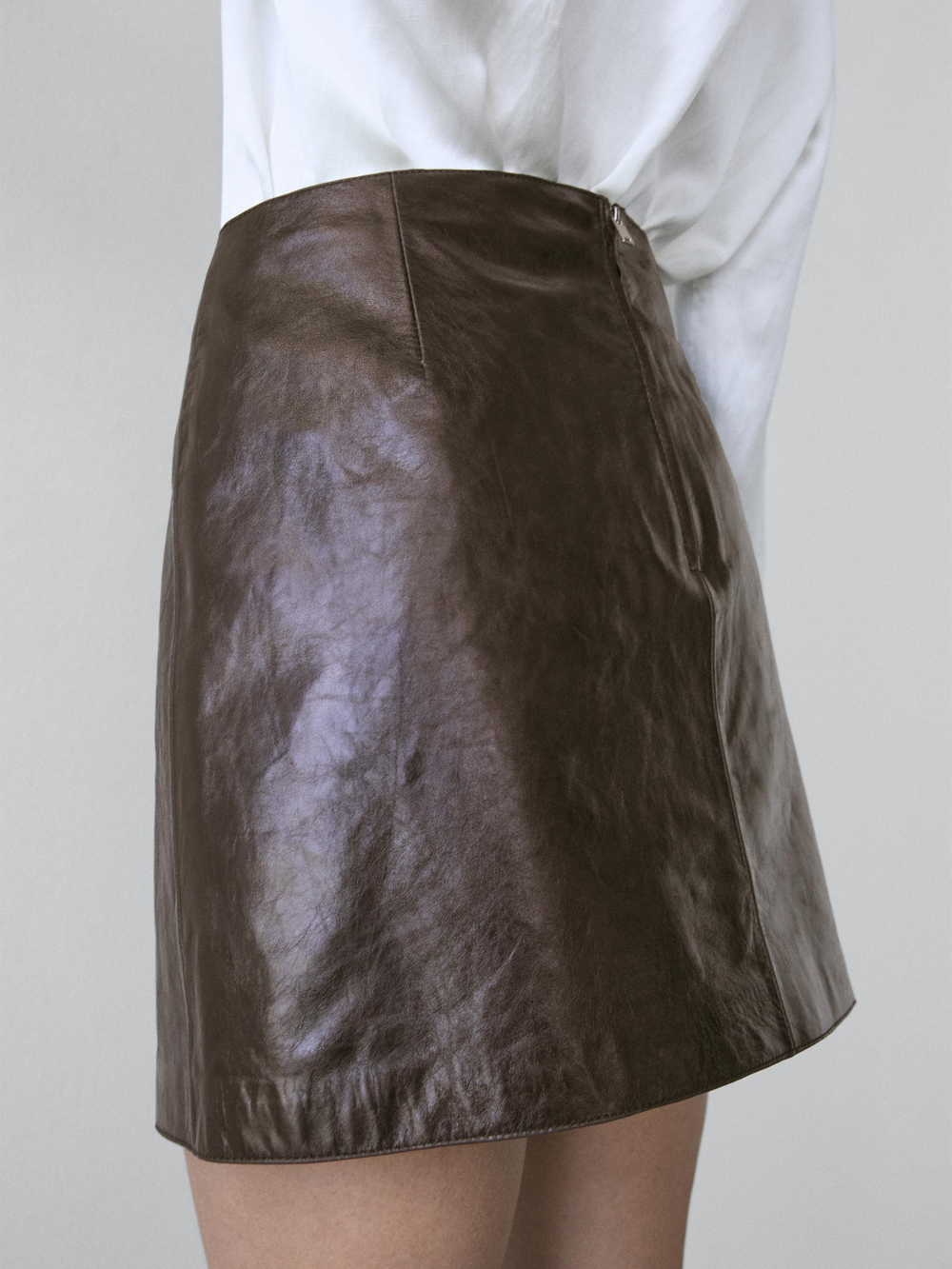 Massimo Dutti Мини-юбка из кожи наппа, коричневый